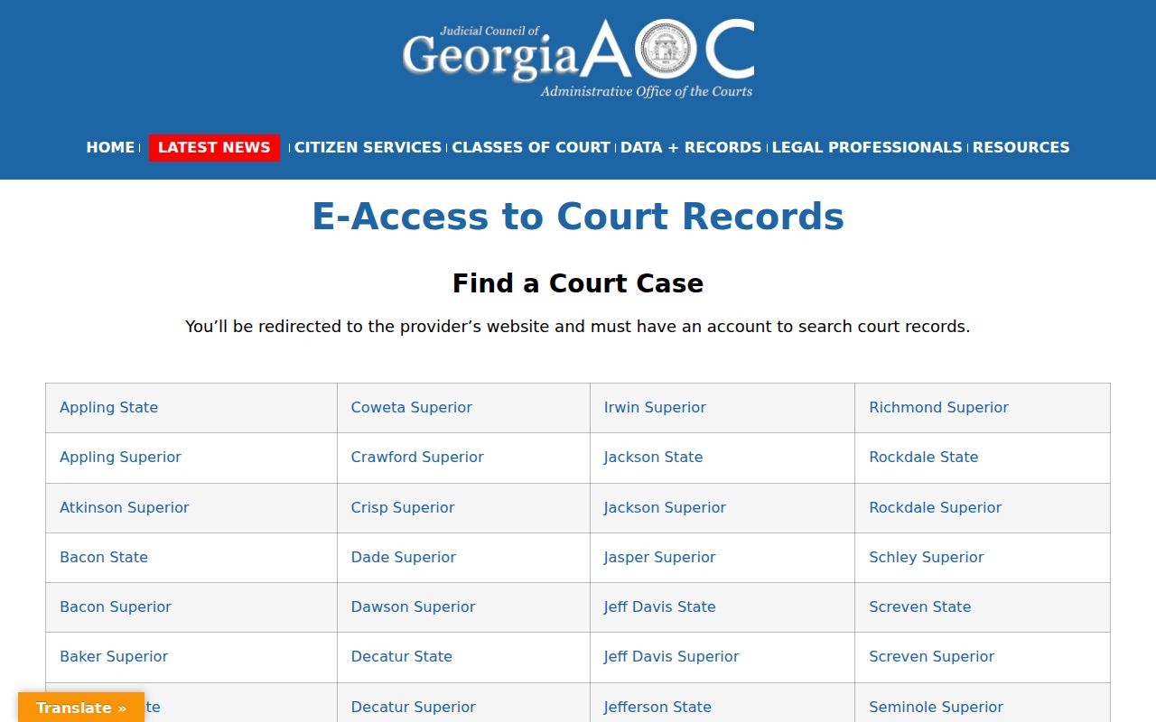 Georgia court records e-access gateway listing Coweta court routes