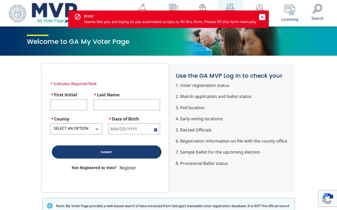 Georgia My Voter Page form used for a Newnan voter self-lookup