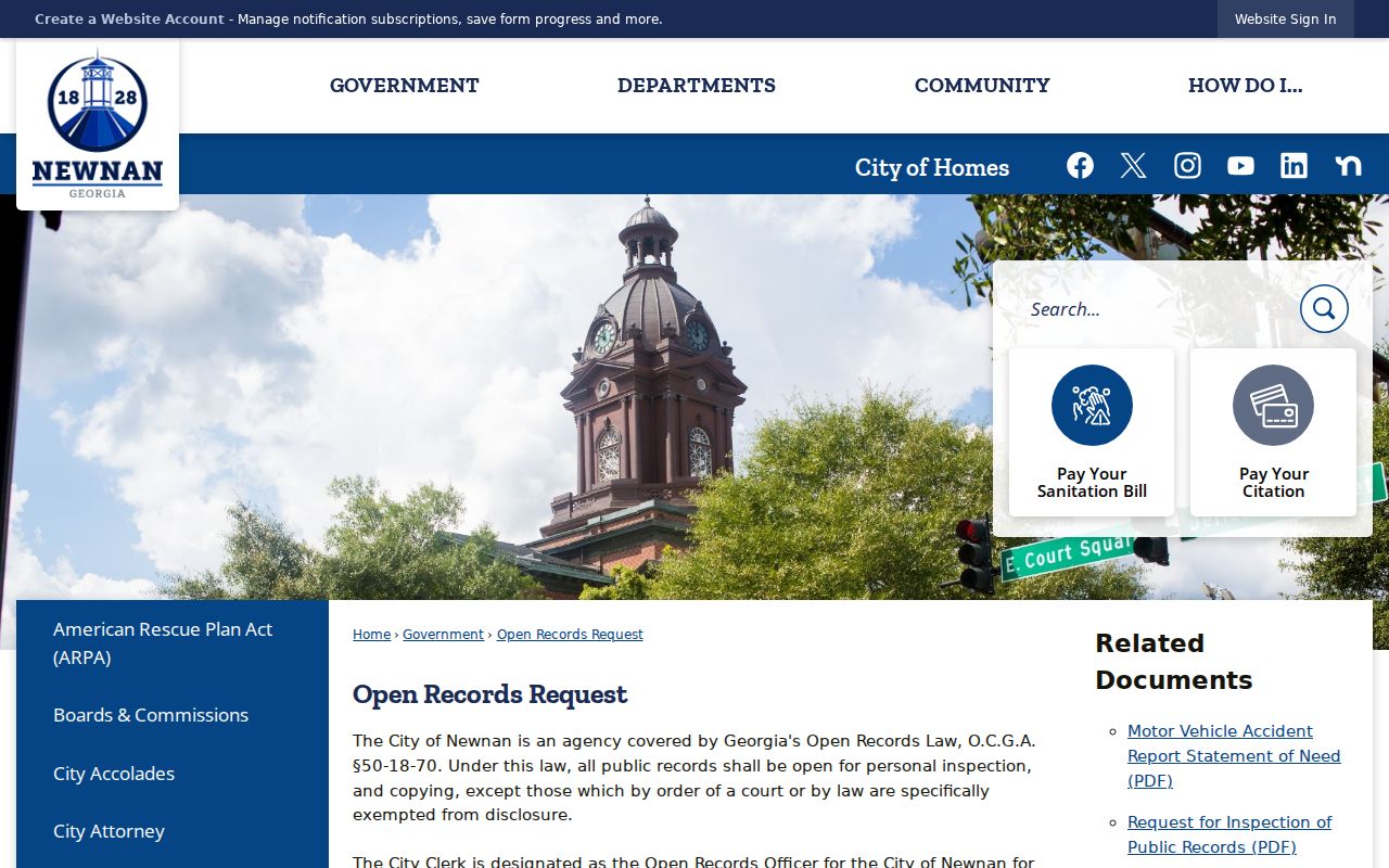 Newnan open records page with separate city police and court request routes